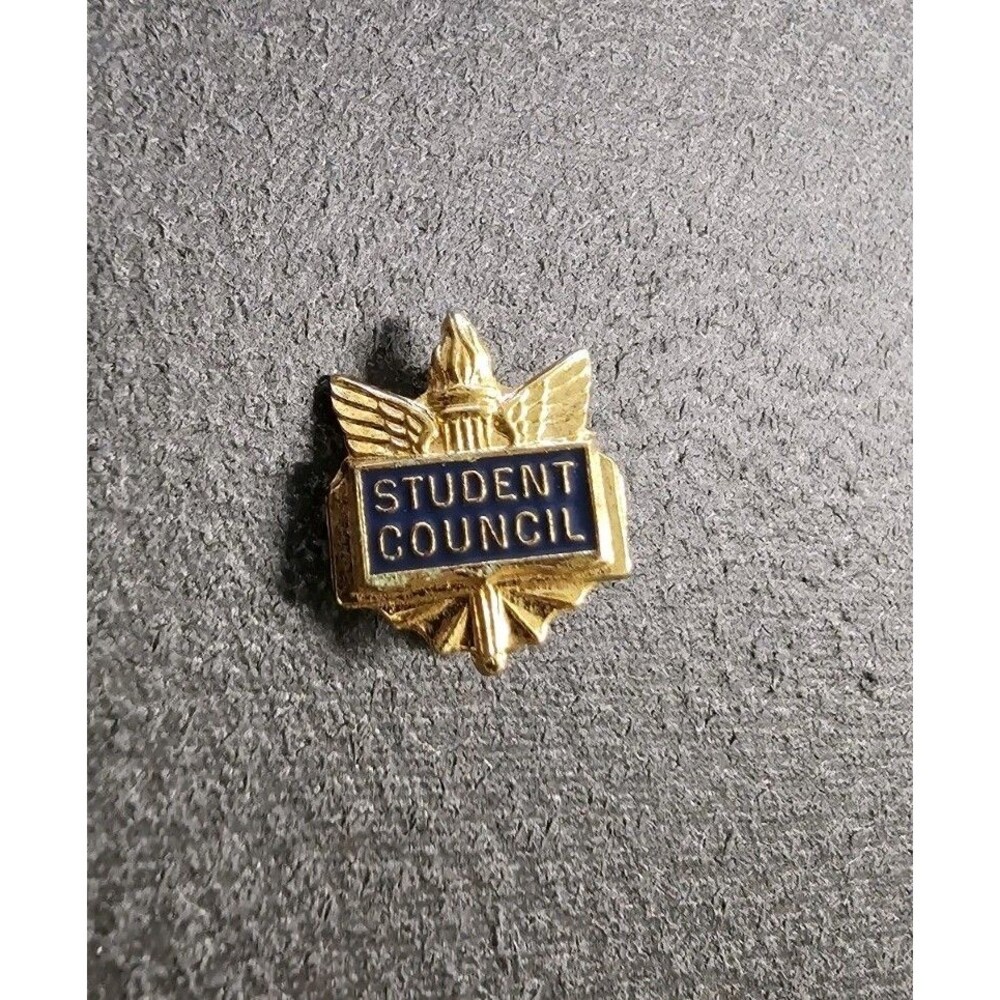 Student Council Lapel Pin Gold Tone with Torch Wings Blue Enamel Vtg